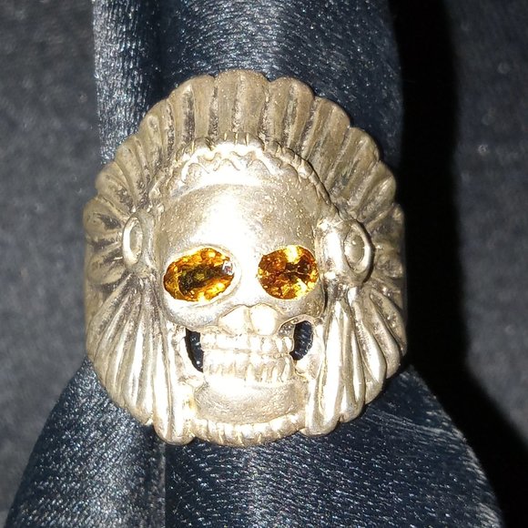 Handcrafted 925 Sterling Silver Indian Skull Head Royal Golden Sapphire Ring.
